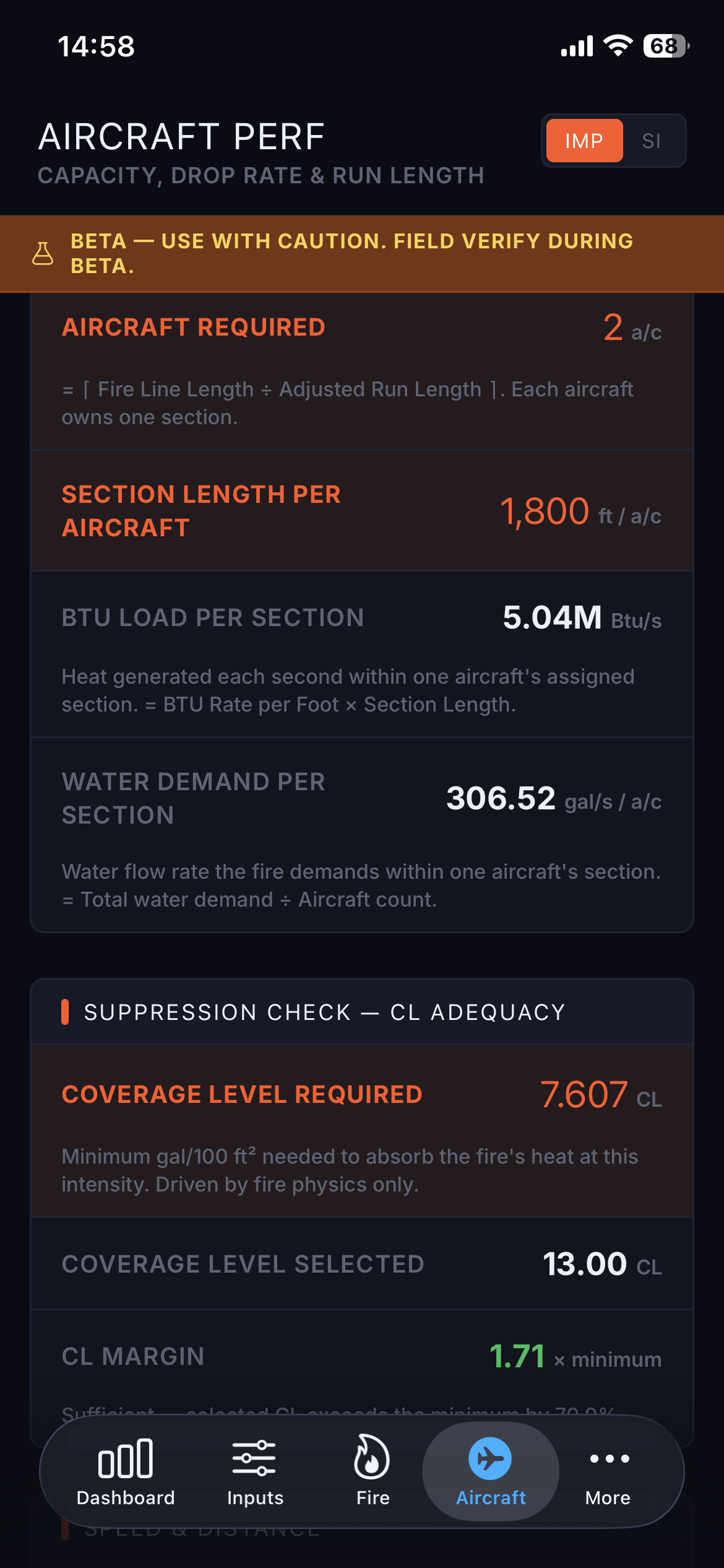 FireBridge aircraft performance showing capacity, drop rate and coverage level checks