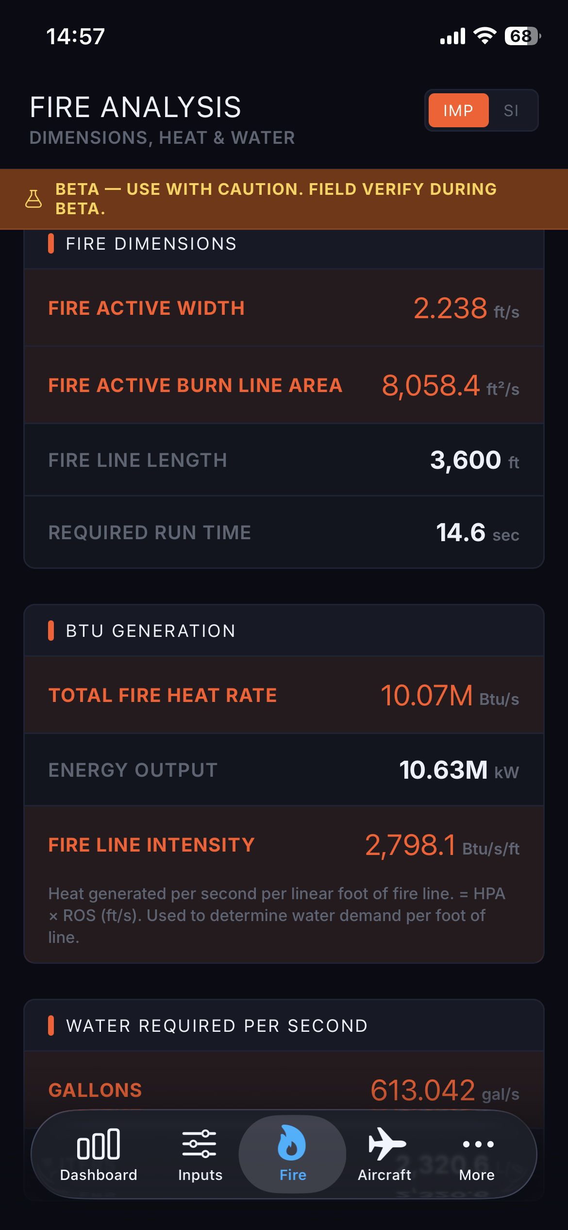 FireBridge fire analysis showing dimensions, heat and water requirements