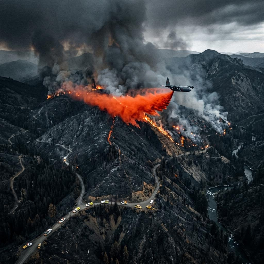 A firefighting tanker dropping retardant over a wildland fire